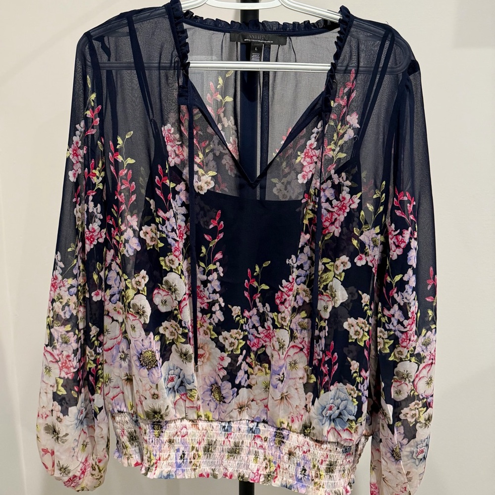 White House Black Market Floral Sheer Navy Blouse